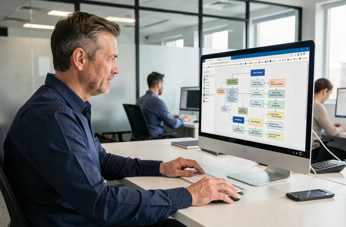 Homme utilisant un plan de site visuel sur ordinateur pour naviguer sur un site web professionnel
