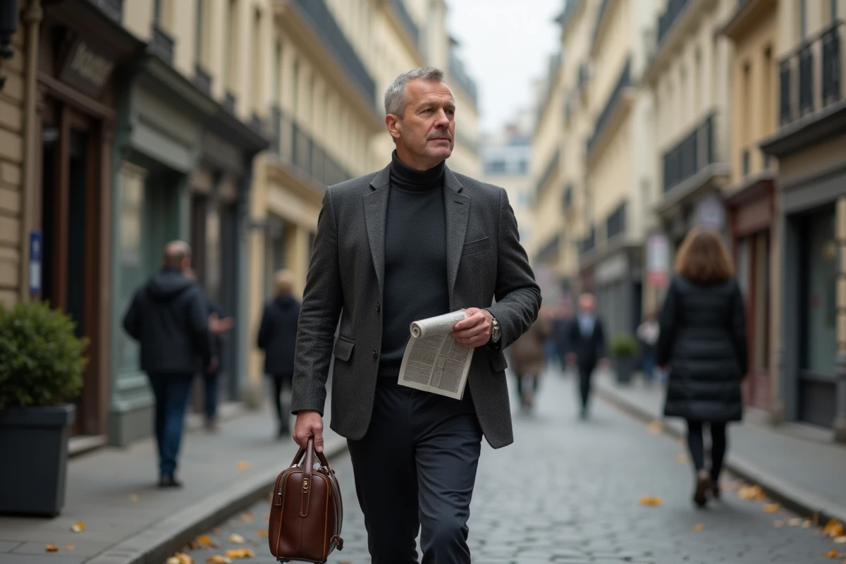 Homme public se déplaçant discrètement dans une rue pavée parisienne en automne, entre vie professionnelle et sphère privée