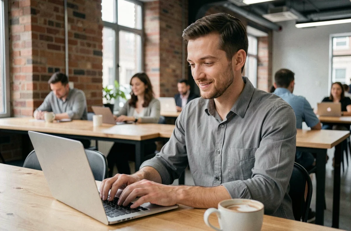 Jeune homme cherchant un emploi sur son ordinateur portable dans un espace de coworking moderne