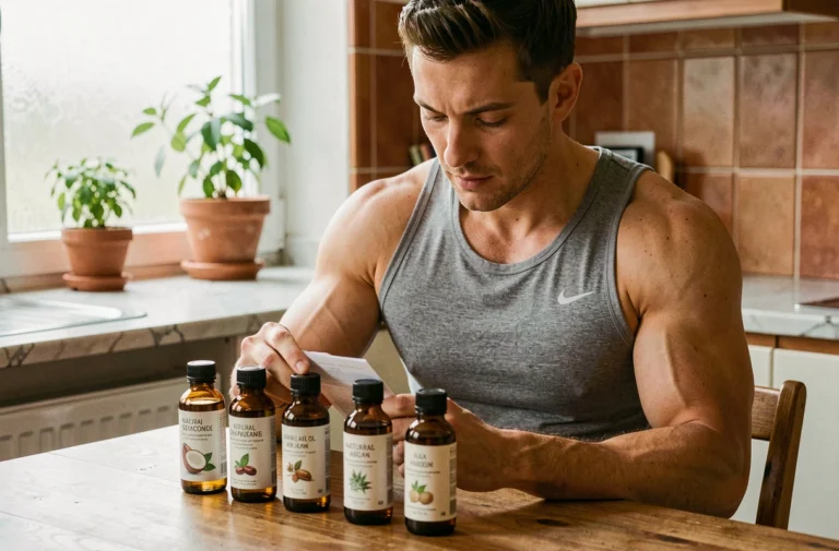 Homme sportif examinant des huiles naturelles pour la croissance musculaire dans une cuisine lumineuse