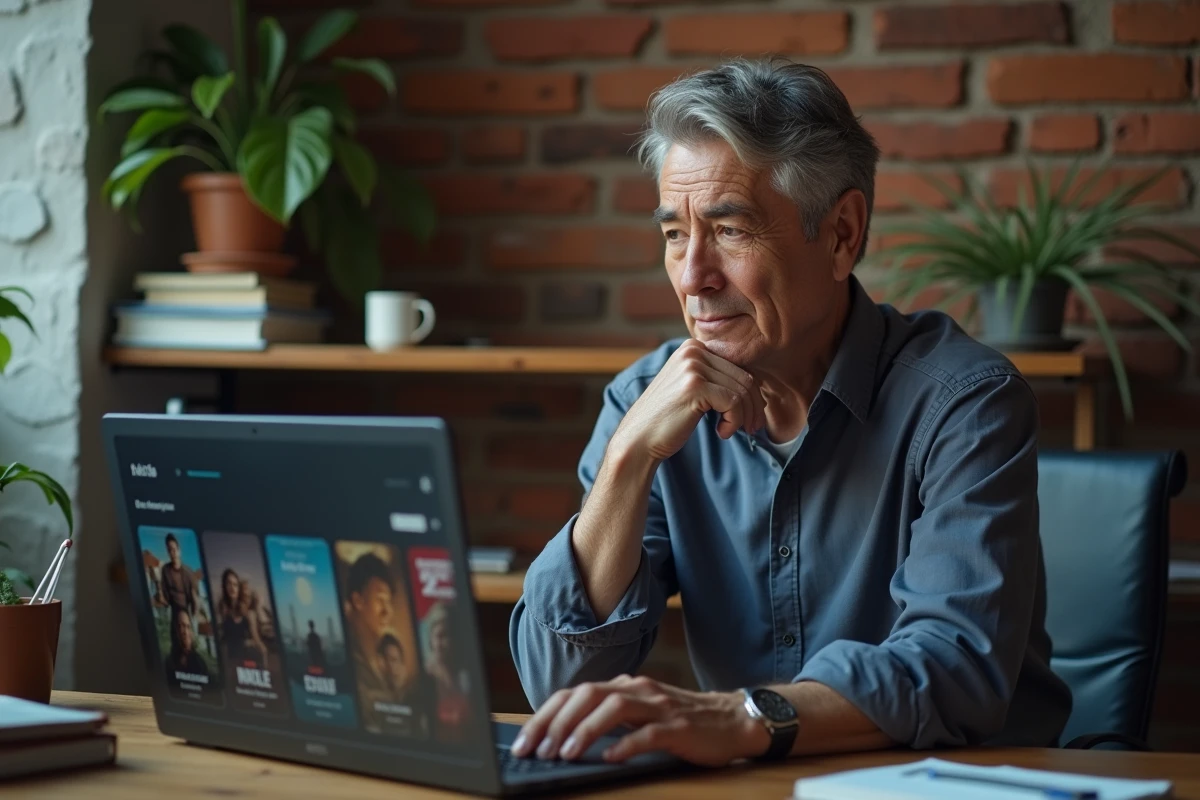 Homme utilisant un ordinateur portable pour accéder à une plateforme de streaming légale depuis son bureau à domicile