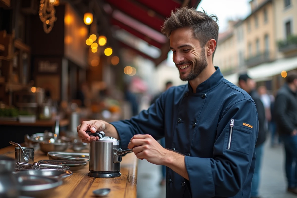 Jeune homme souriant testant un gadget de cuisine en marché