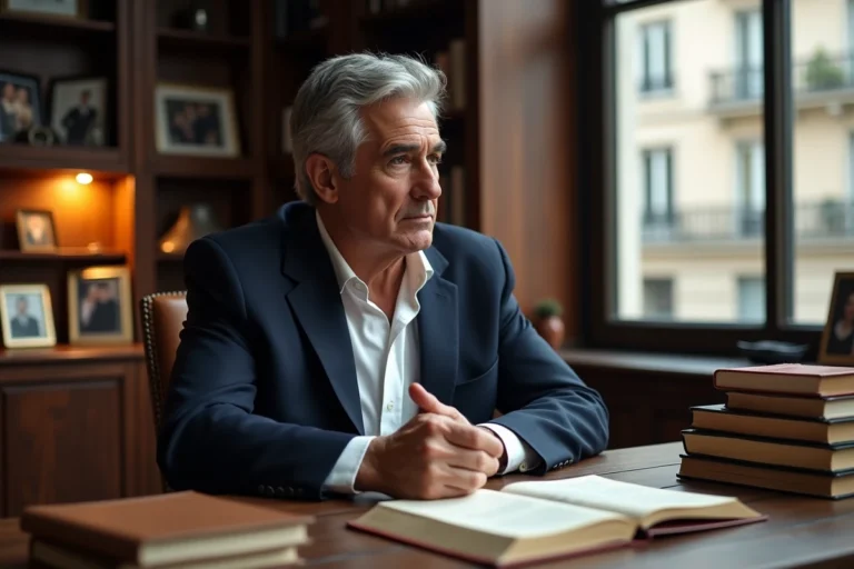 Portraitiste d'un intellectuel français discret dans son bureau parisien, entouré de livres et de photos de famille en arrière-plan flou