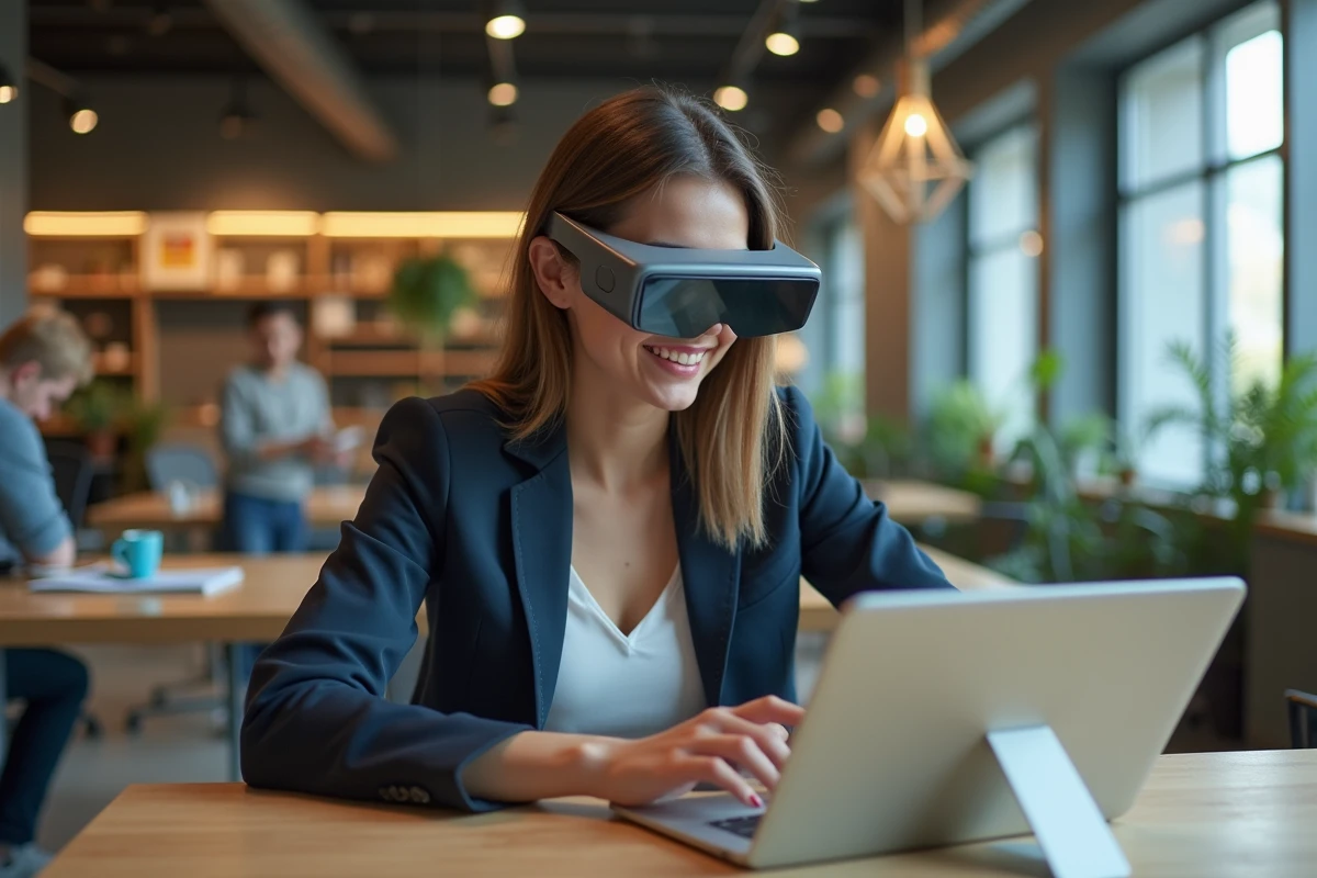 Jeune femme en coworking avec AR et tablette