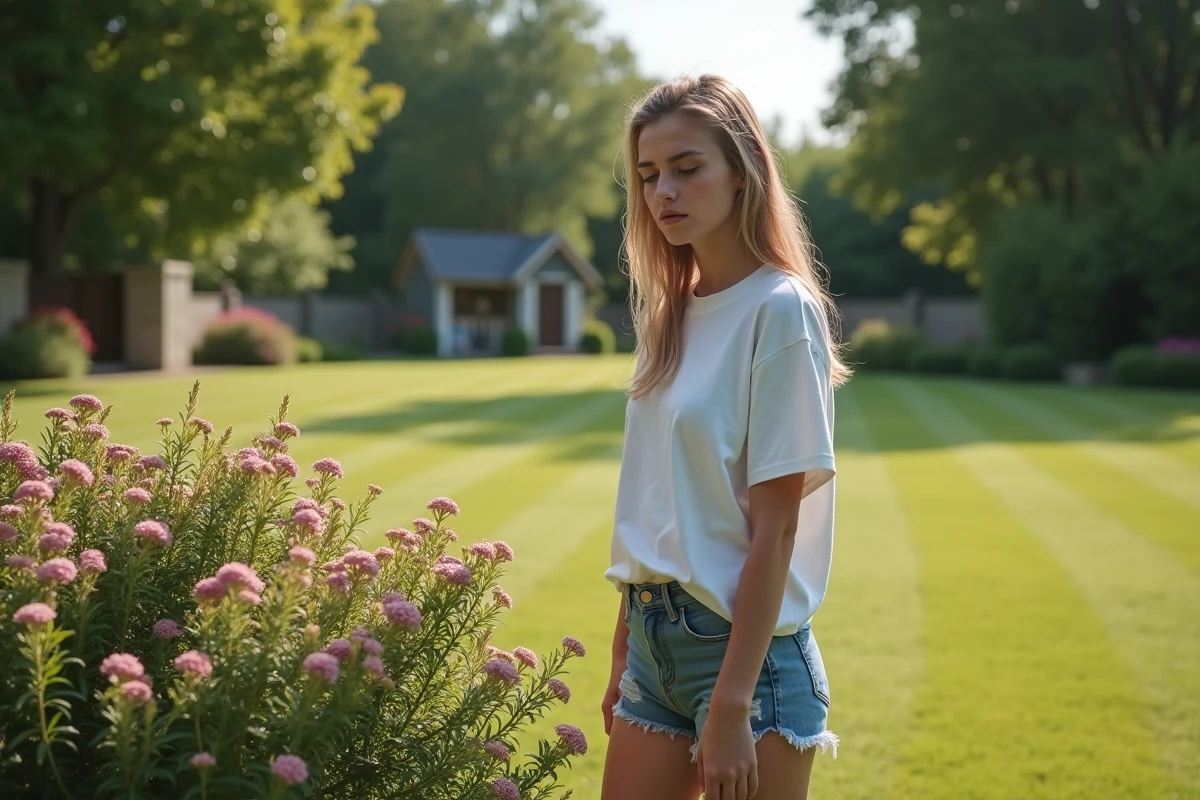 Jeune femme hésitante dans un jardin fleuri en été