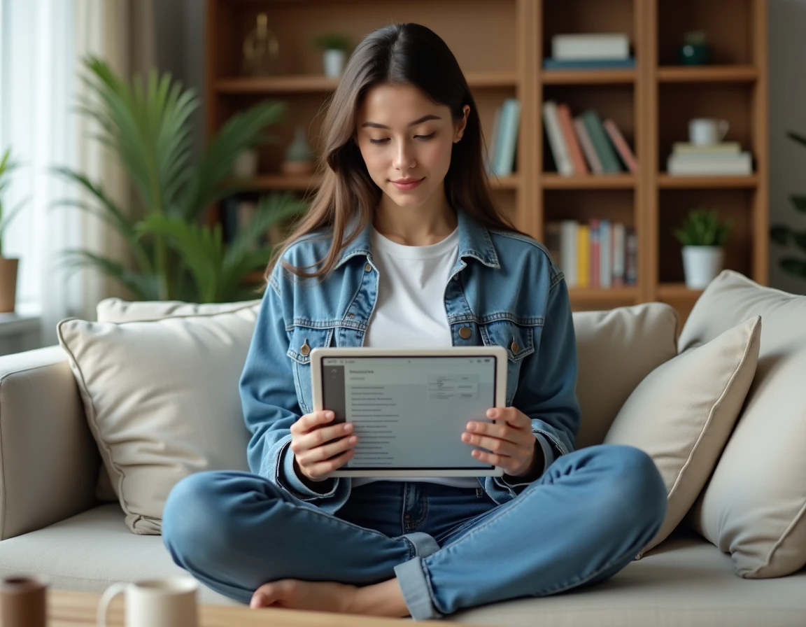 Jeune femme naviguant sur un plan de site via une tablette dans un salon confortable