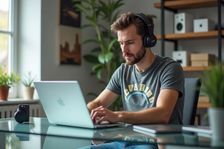 Jeune homme avec casque sans fil utilisant un ordinateur portable dans un bureau moderne