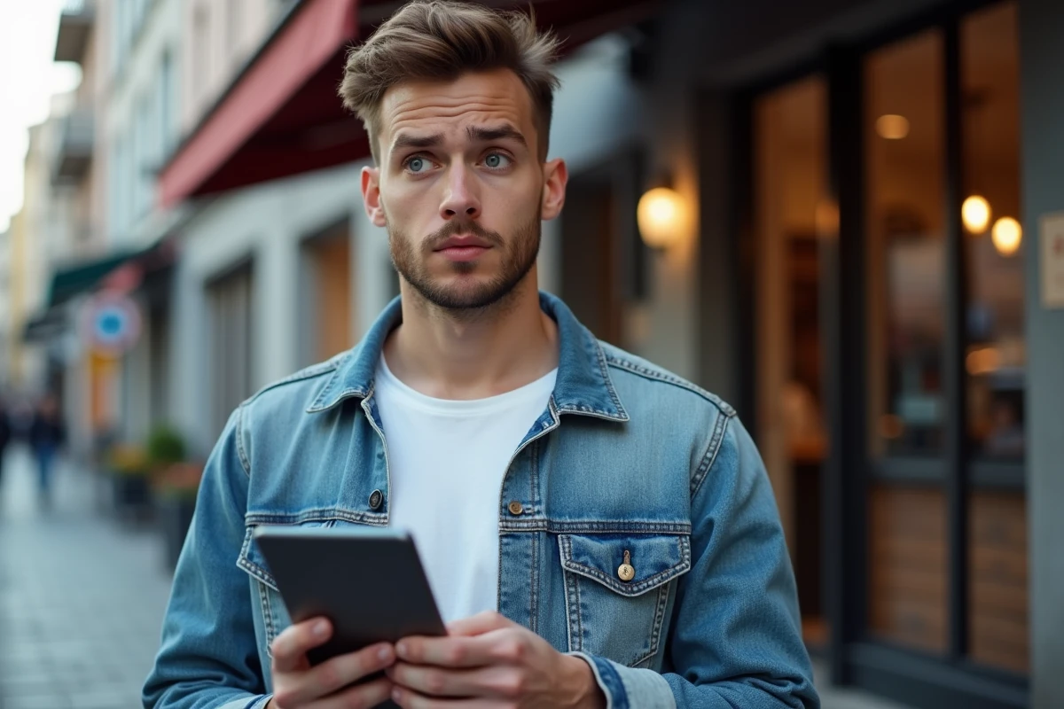Jeune homme avec notification sur tablette en extérieur