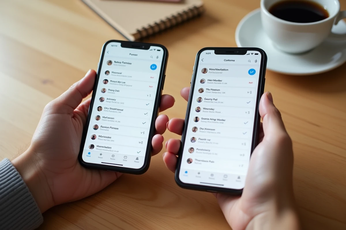 Deux mains tenant des smartphones affichant l'interface de l'application Family Wall sur une table en bois