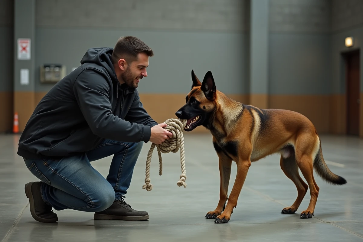 Malinois belge en exercice de traction avec son maître dans un centre d'entraînement canin, démontrant la force de sa morsure
