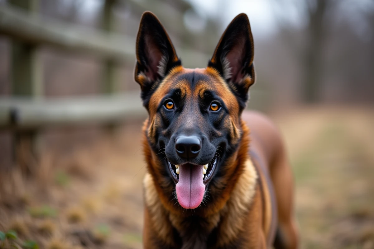 Gros plan sur la mâchoire ouverte d'un malinois belge montrant ses dents et sa musculature faciale puissante