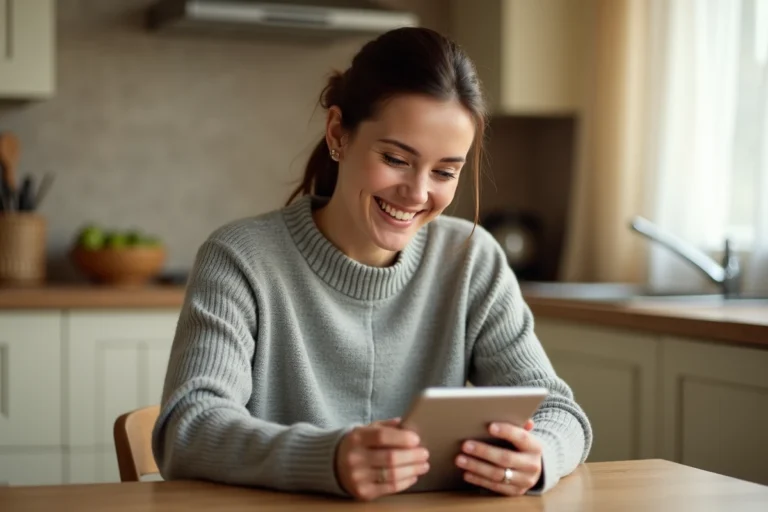 Mère de famille utilisant l'application Family Wall sur une tablette dans une cuisine moderne et chaleureuse