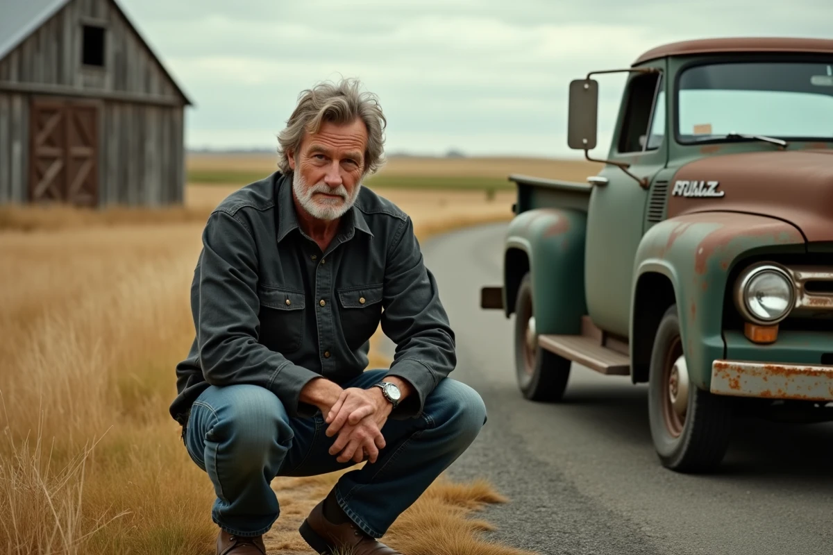 Homme américain robuste aux côtés d'un pick-up classique devant une grange rustique, illustrant le mode de vie rural associé à Paul Qualley
