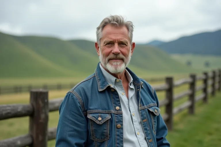 Portrait d'un homme américain d'âge mûr aux traits burinés posant devant un ranch du Montana, évoquant le style de vie de Paul Qualley