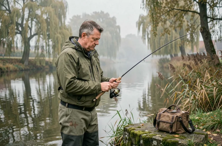 Pêcheur belge en cuissardes assembling sa canne à mouche au bord d'une rivière en automne, avec matériel de pêche professionnel