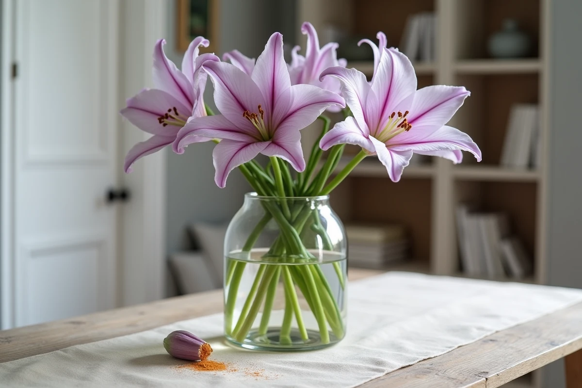 Gros plan sur des fleurs de lys dans un vase avec un pistil retiré posé sur une table en bois rustique