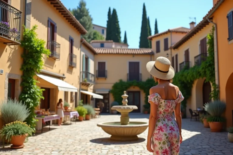 Femme se promenant sur une place provençale ensoleillée dans un village du sud de la France avec marché local et fontaine en pierre