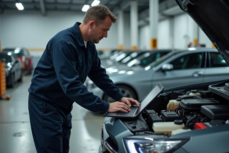 Technicien automobile connectant un outil de diagnostic OBD2 à une voiture de leasing dans un garage professionnel