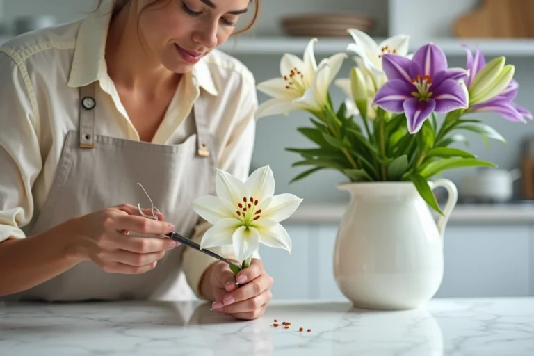 Femme retirant le pistil d'une fleur de lys blanche avec des ciseaux de précision dans une cuisine moderne