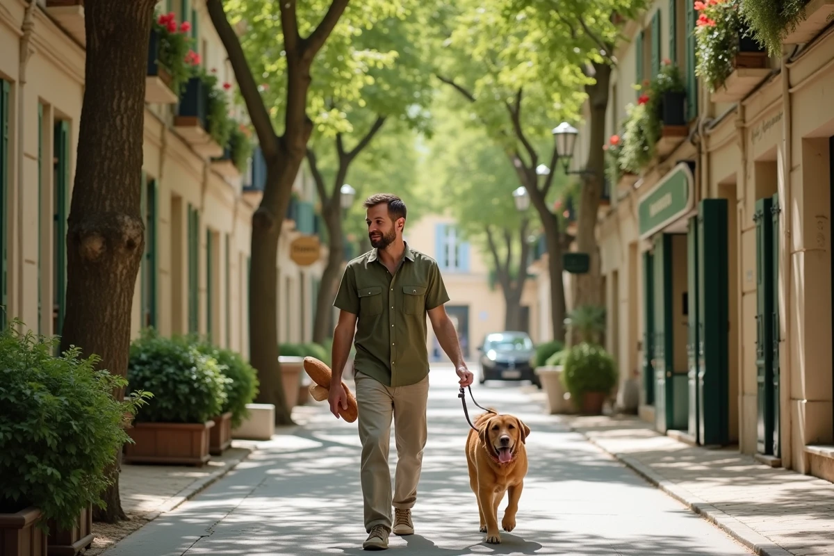 Homme promenant son chien dans une rue résidentielle calme et arborée d'une ville du sud de la France avec boulangerie et architecture ancienne