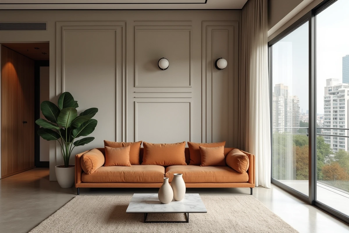 Salon moderne en open space avec design intérieur contemporain, canapé terracotta, mur en plâtre texturé et plante fiddle-leaf dans un appartement rénové
