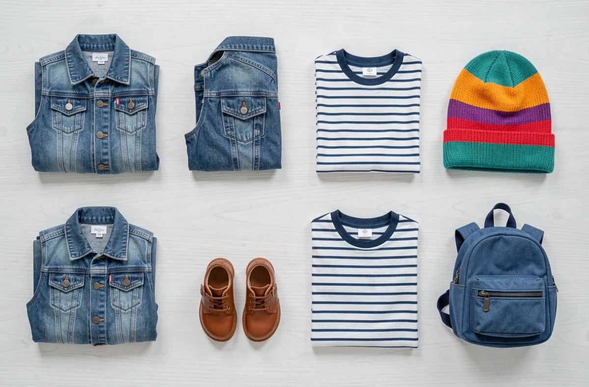 Sélection de vêtements et accessoires pour enfants disposés en flat lay sur une surface en bois clair pour boutique en ligne