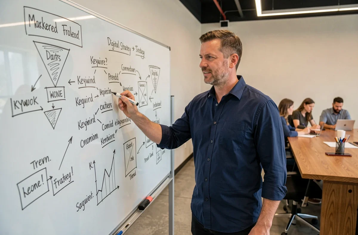 Professionnel du marketing digital expliquant une stratégie SEO sur un tableau blanc dans une salle de réunion d'agence