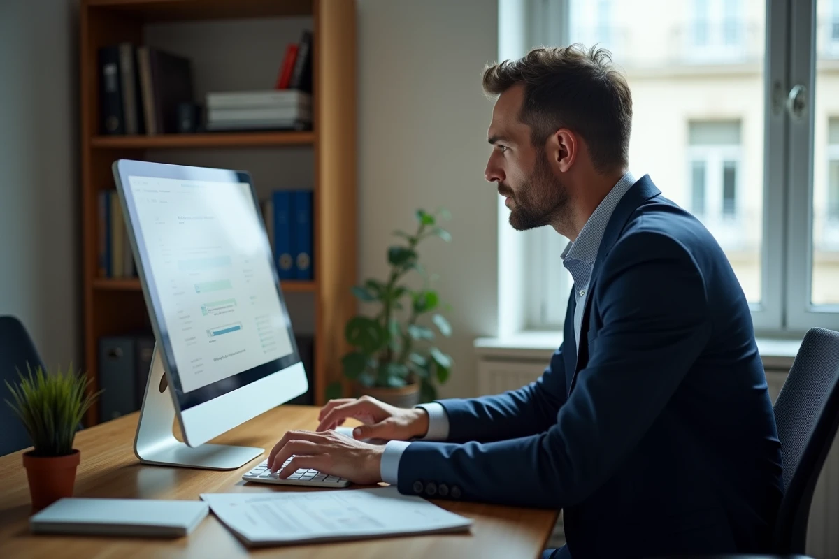 Homme en télétravail accédant à son bulletin de salaire sur un portail employé depuis son bureau à domicile