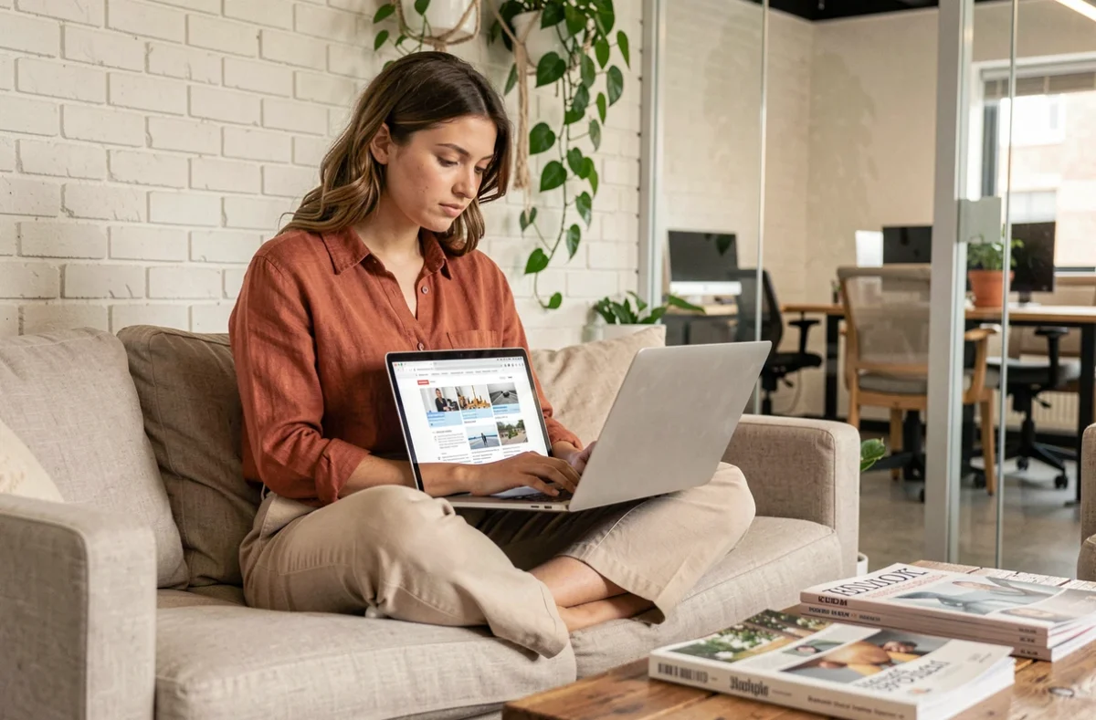 Jeune femme consultant des résultats de recherche et tendances SEO sur un ordinateur portable dans un espace de coworking moderne