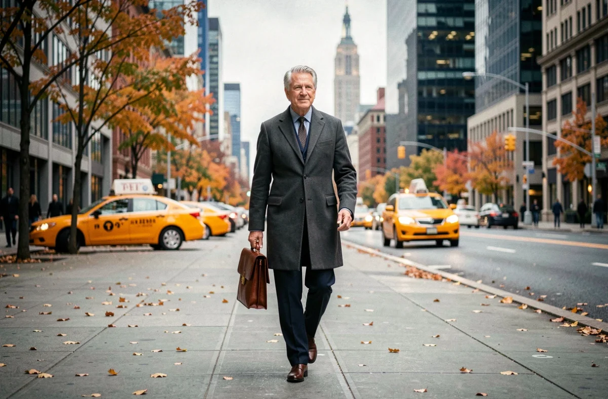 Homme d'affaires influent marchant dans les rues de Manhattan avec un air de détermination et de succès