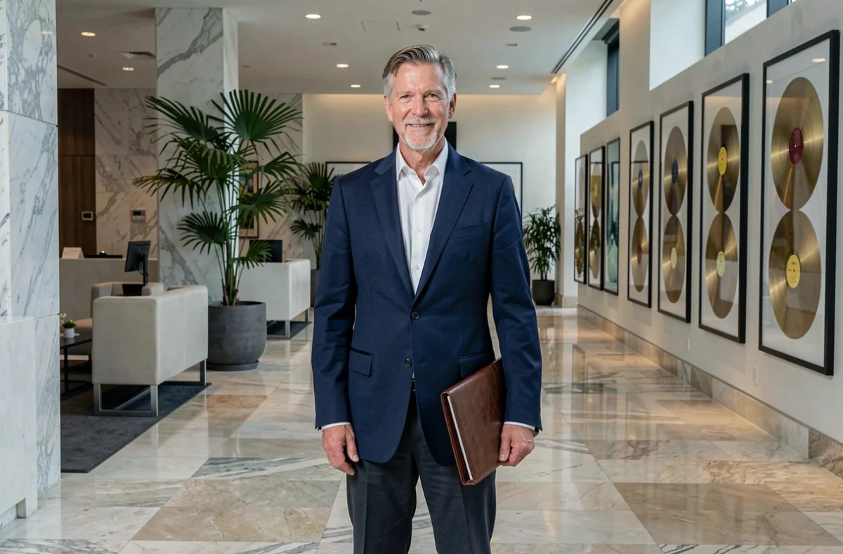 Homme d'affaires de l'industrie musicale posant dans le hall d'un immeuble de production à Beverly Hills