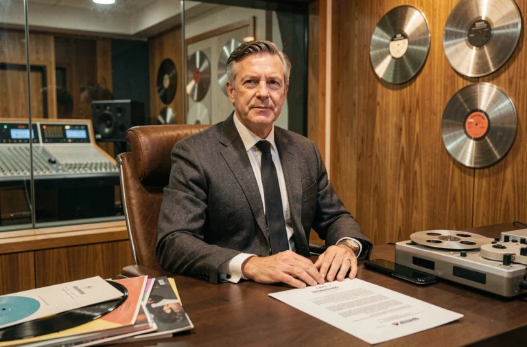 Producteur de musique américain dans son bureau de studio à Los Angeles entouré de disques vinyles et de récompenses dorées