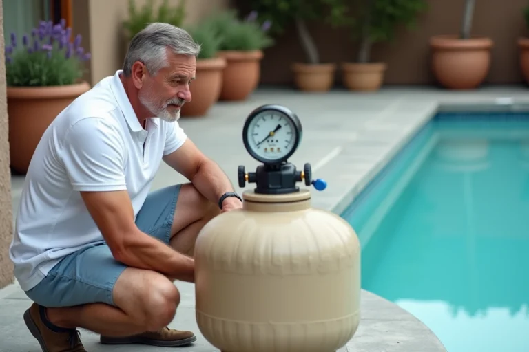 Homme vérifiant la pression d'un filtre à sable de piscine avec un manomètre en extérieur