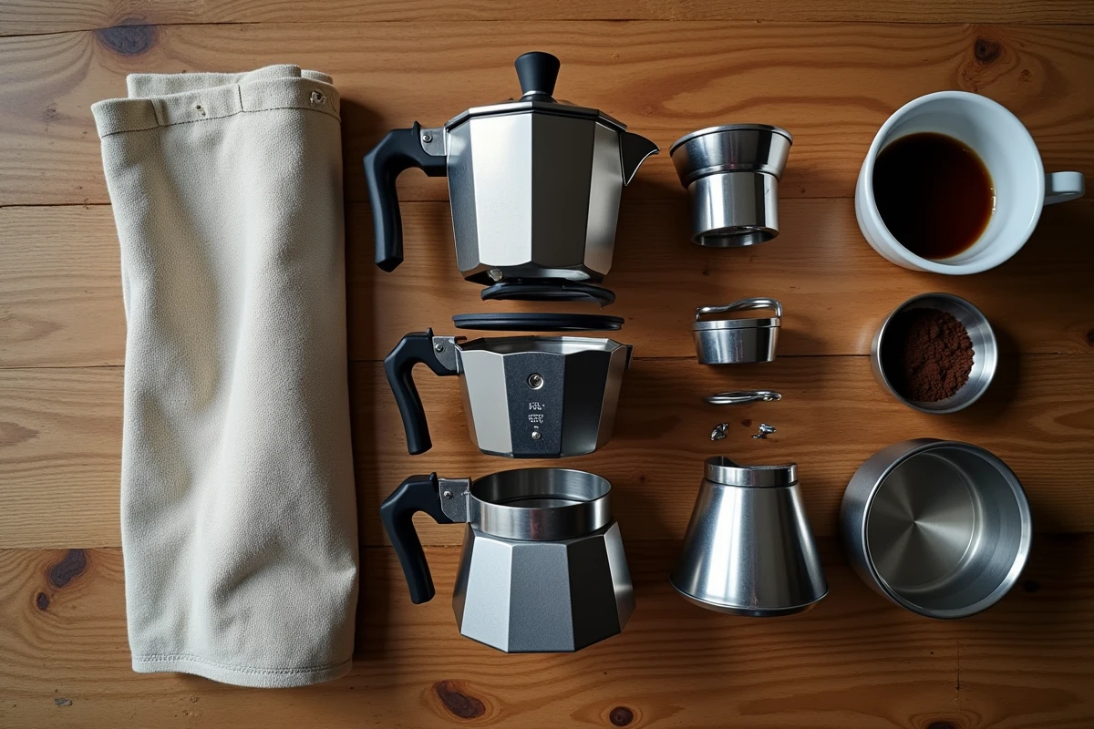 Vue aérienne d'une cafetière italienne démontée montrant l'eau résiduelle dans le réservoir inférieur